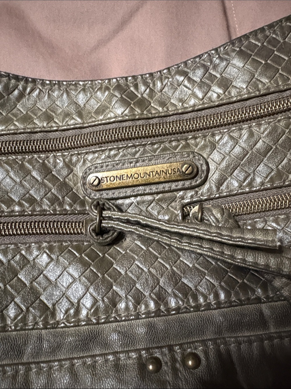 Stone Mountain Accessories Metallic Taupe Woven Shoulder Bag with Tassel Zippers